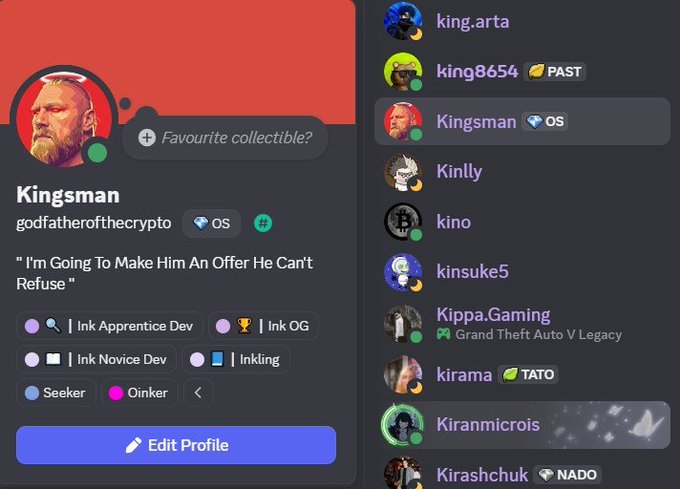 A Discord profile for "Kingsman" (username: godfatherofthecrypto) is displayed, highlighting their "Ink OG" and "Seeker" badges alongside a quote referencing The Godfather, visually representing the onchain journey and Ink Guild roles referenced in the $INK OG drop discussion.