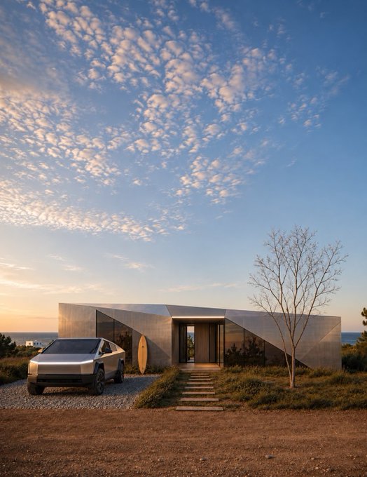 A silver Tesla Cybertruck is parked in front of a modern, angular white house at sunset, with the ocean visible in the background.
