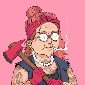 A cartoon character portrait of a tattooed woman with red hair, round glasses, a pearl necklace, and a red headband, smoking a cigarette while holding a red axe against a pink background.