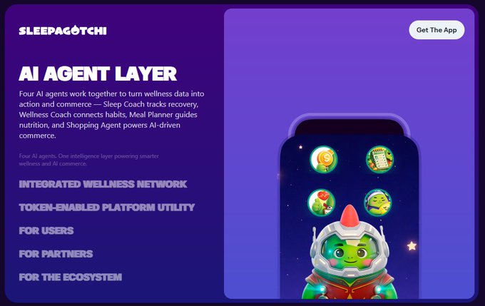 Promotional graphic for 'SLEEPAGOTCHI' featuring 'AI AGENT LAYER' text describing four AI agents for wellness and commerce, alongside an illustration of a green astronaut-like character with floating icons.