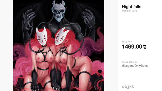 “Night falls” by @arlekin_julia shows two masked figures before a skeletal figure in a dark gothic scene, sold on objkt for 1469.00