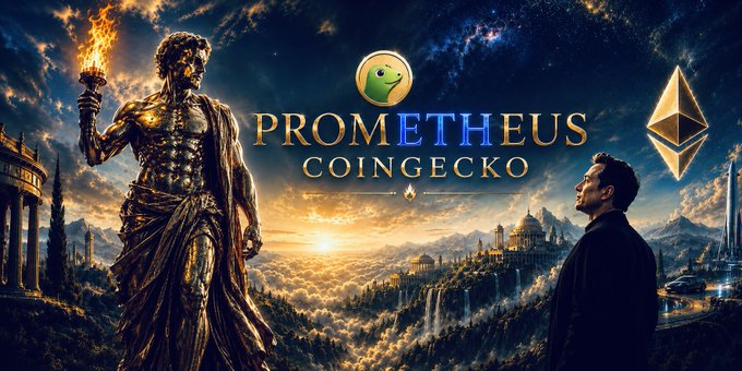A mythological golden statue holding a torch and a futuristic cityscape flank the text "PROMETHEUS COINGECKO," with a person looking up in awe—celebrating the Prometheus coin's listing on CoinGecko. The image's grandeur and themes of innovation reflect the milestone of being featured on the popular crypto tracking platform.