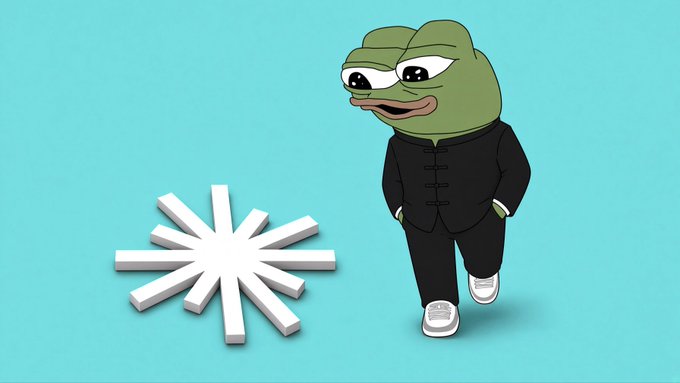 A cartoon Pepe the Frog character dressed in a black suit stands with hands in pockets against a teal background, next to a white asterisk/snowflake-like symbol.