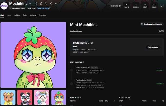 The NFT mint page for Moshikins on the Moshinoood chain, featuring a strawberry-themed character and 2,222 available RAMs for free minting starting August 22 at 9:00 PM GMT+7.