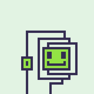 A retro-style pixel art robot with a green face displayed on a mint green background.