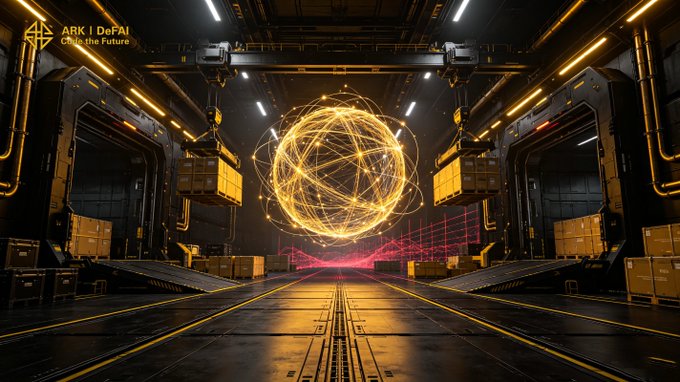 A futuristic industrial corridor lined with glowing yellow crates frames a luminous wireframe sphere and red energy waves, with the logo "ARK | DeFAI — Chart the Future" displayed in the top-left corner. The image visually reinforces Arkie's message by symbolizing an expanding, high-tech ecosystem where AI agents are distributed through interconnected nodes to deliver real-world utility.