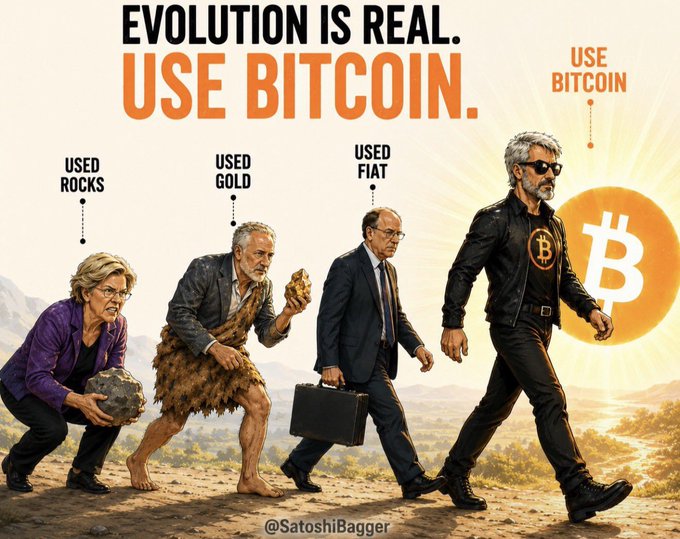 The image depicts a humorous "evolution" sequence where figures progress from "Used Rocks" (a caveman-like woman), to "Used Gold" (a primitive man), to "Used Fiat" (a businessman in a suit), and finally to "Used Bitcoin" (a modern, confident man in a leather jacket) under the bold headline "EVOLUTION IS REAL. USE BITCOIN." The post's message about progressing from primitive currencies (rocks, gold, fiat) to the "evolved" Bitcoin aligns perfectly with the image's visual narrative, with the watermark "@SatoshiBagger" visible at the bottom.