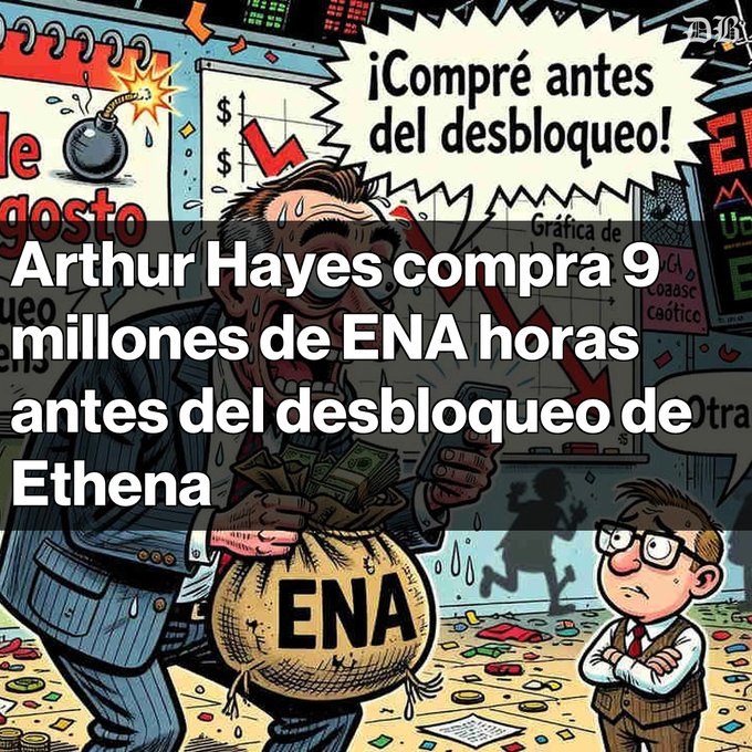 A Spanish-language cartoon illustration overlaid with the text 'Arthur Hayes compra 9 millones de ENA horas antes del desbloqueo de Ethena', showing a panicked businessman holding a bag labeled 'ENA'.