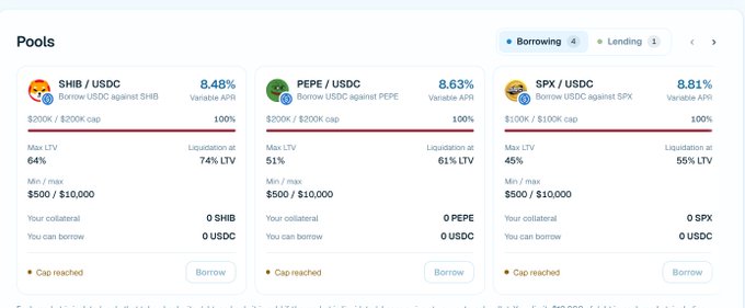 Screenshot of a cryptocurrency lending platform interface showing 'Borrowing' pools for SHIB/USDC, PEPE/USDC, and SPX/USDC, all displaying 100% capacity reached.