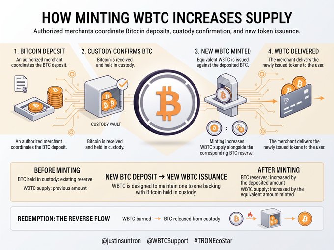 An infographic titled 'HOW MINTING WBTC INCREASES SUPPLY' illustrates the four-step process of Bitcoin deposits, custody confirmation, WBTC minting, and delivery, with credit to '@justinsuntron @WBTCsupport #TRONEcoStar'.