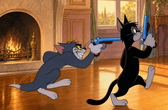Tom and Jerry sword fighting with rapiers in an elegant room with a fireplace, taken from an animated cartoon.