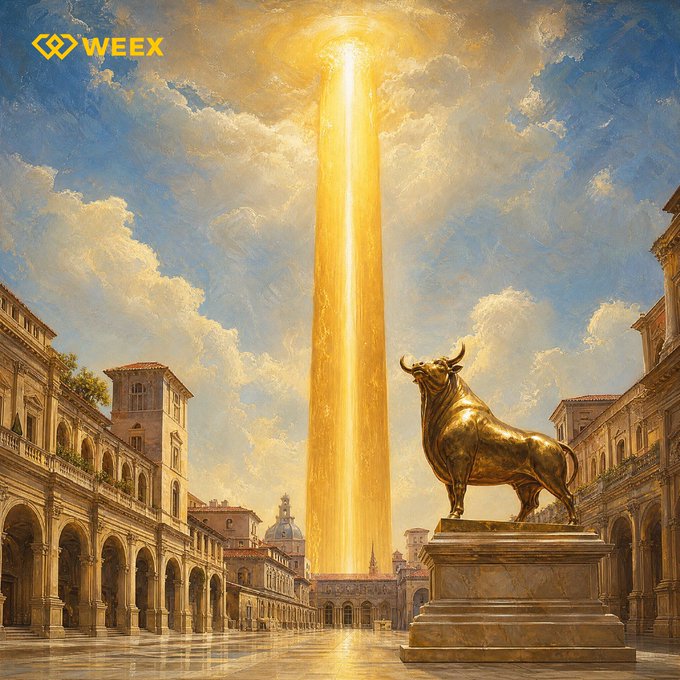 A golden bull statue stands triumphant in a grand classical plaza beneath a radiant beam of light descending from the sky, with the "WEEX" logo visible in the upper left corner—visually echoing the post's bullish call to action, "The bull is coming. Are you in?"