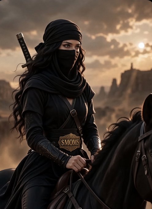 A woman dressed in black ninja attire with a face covering sits on horseback in a desert landscape, carrying a sword and wearing a belt that reads "SMOMS".