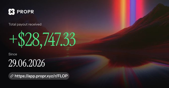 A PROPR graphic shows “Total payout received +$28,747.33,” the date “29.06.2026,” and the link “https://app.propr.xyz/r/FLOP.”