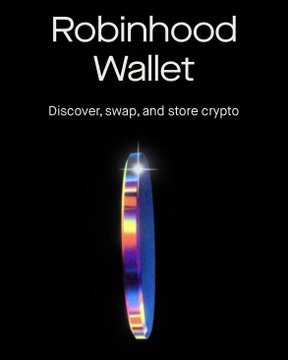 A digital ad or screen for "Robinhood Wallet" with the tagline "Discover, swap, and store crypto" above a glowing colorful ring.