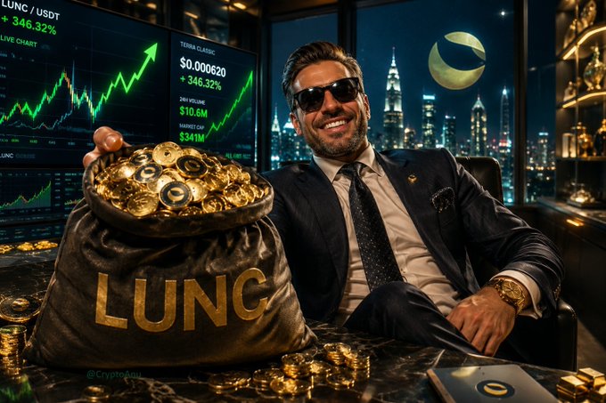 A suited man in sunglasses sits at a trading desk beside a large sack of gold coins labeled “LUNG,” with screens showing rising charts and crypto-related market figures.