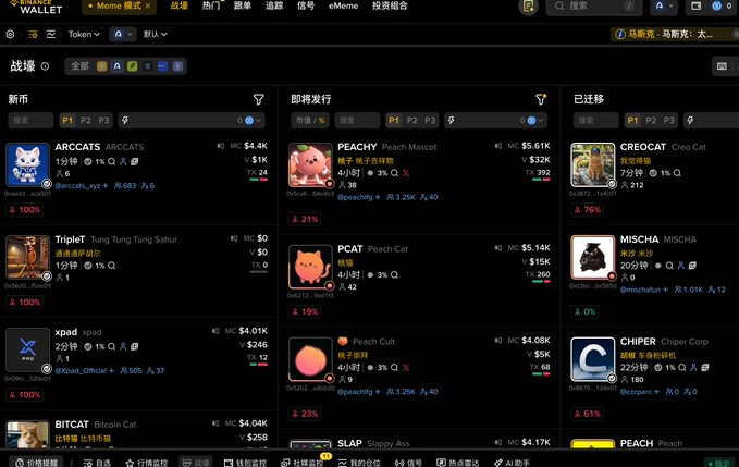 A screenshot of a crypto wallet interface displaying a meme token marketplace with various cryptocurrencies listed, including 'ARCATS', 'TripleT', 'xpad', 'PEACHY', 'PCAT', 'CREOCAT', 'MISCHA', and 'CHIPER', along with their market caps and prices.