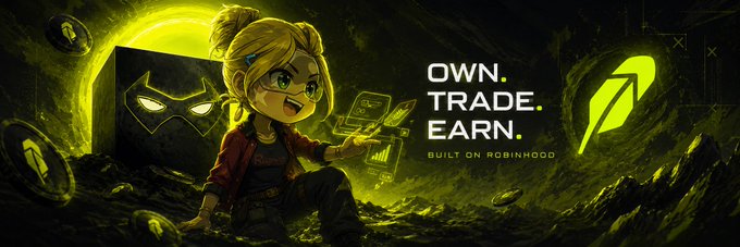 A Robinhood promotional banner featuring an anime-style girl with the text 'OWN. TRADE. EARN. BUILT ON ROBINHOOD' in green and yellow tones.