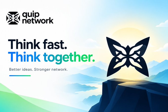 A promotional graphic for 'quip network' with the tagline 'Think fast. Think together. Better ideas. Stronger network.' featuring a butterfly-shaped logo on a cliff overlooking mountains.