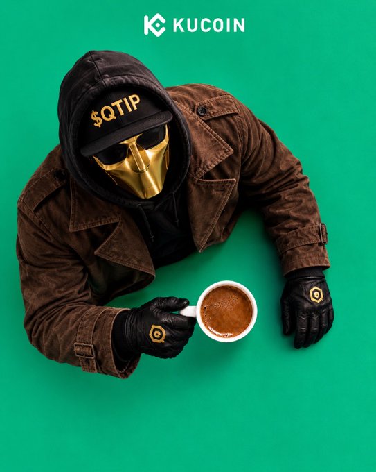 A KuCoin promotional image features a figure in a brown jacket, black hoodie, and gold mask holding a coffee cup against a green background, with a '$QTIP' cap and KuCoin logo visible.