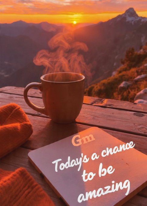 A steaming mug on a wooden table overlooking a mountain sunset, with a notebook displaying 'Gm' and the handwritten phrase 'Today's a chance to be amazing'.