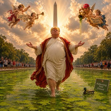 The image depicts a parody of a classic painting where a heavyset figure in a red robe wades through a murky green reflecting pool toward the Washington Monument, flanked by cherubs holding signs reading "Johnny Boy Art" and "Beeple," with a comparison placard showing "7 Tez." The satirical artwork mocks the massive auction prices of Beeple's NFTs by positioning Johnny Boy Art as the affordable, superior alternative.