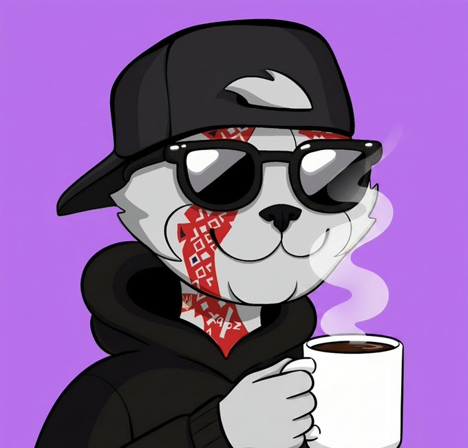 A cartoon graphic of a white animal character wearing a black cap, sunglasses, and hoodie, featuring red patterned bandanas around its neck, holding a steaming mug of coffee against a purple background.
