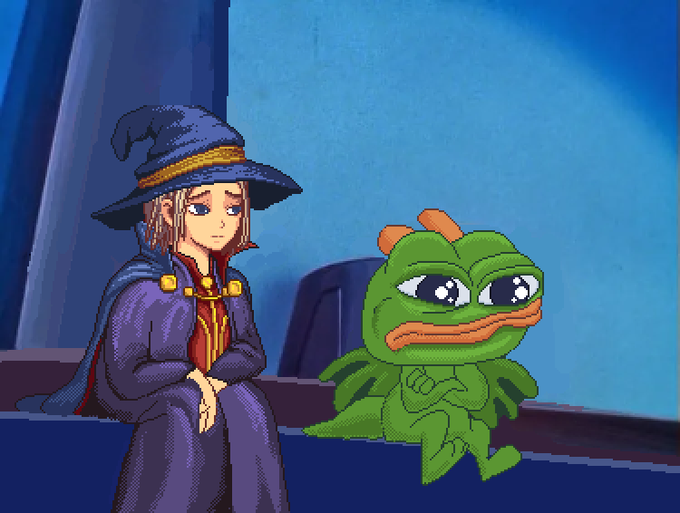 A pixel art scene showing a blonde character in a wizard hat and purple robe sitting next to a green frog-like creature with orange lips and big eyes.