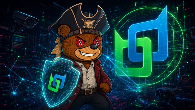 A digital illustration of a pirate-themed teddy bear with glowing red X-eyes, a bicorne hat, and a shield, alongside a green and blue logo resembling a stylized 'G' on a cyber background.