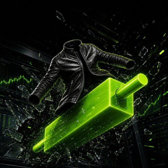 A digital art piece featuring a black leather jacket floating in front of a glowing green 3D up-trend arrow, surrounded by shattering glass and financial charts.