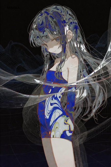 An anime-style digital illustration depicts a girl with long flowing silver hair wearing a form-fitting dress featuring a blue, white, and black marbled pattern, surrounded by ethereal wispy lines against a dark background. The artist's signature "MINIMA" is visible in the top left corner.