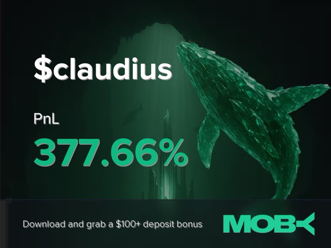 A promotional graphic for Moby Mobile displays a "Win Alert" celebrating a trader who closed a position on the $claudius token with an impressive PnL of +377.66%, set against a dramatic underwater scene featuring a green whale and a sunken tower, along with a call to action offering a $100+ deposit bonus.