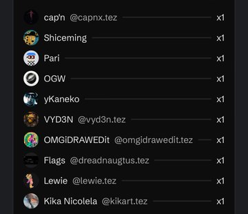 A list of user handles with multipliers showing 'x1' next to each, including cap'n @capnx.tez, Shiceming, Pari, OGW, yKaneko, VYD3N @vyd3n.tez, OMGIDRAWEDit @omgidrawedit.tez, Flags @dreadnaugtus.tez, Lewie @lewie.tez, and Kika Nicola @kikart.tez.