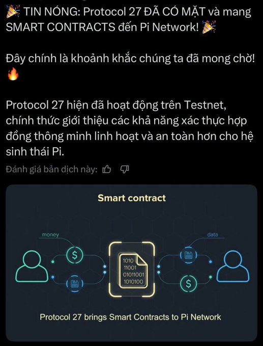 The image is a Vietnamese-language announcement titled "TIN NÓNG" (Breaking News) celebrating that "Protocol 27 ĐÃ CÓ MẶT và mang SMART CONTRACTS đến Pi Network!" (Protocol 27 has arrived and brings SMART CONTRACTS to Pi Network!), with text explaining that Protocol 27 is now live on Testnet, introducing flexible and secure smart contract capabilities to the Pi ecosystem. Below is a "Smart contract" graphic showing users exchanging money and data through a contract interface, with the caption "Protocol 27 brings Smart Contracts to Pi Network." 

The image relates to the post's speculation about Pi's value reaching 15.9, suggesting that Protocol 27 and the introduction of smart contracts could be a catalyst (or "ending process") driving Pioneers' long-awaited price movement in Pi Network.