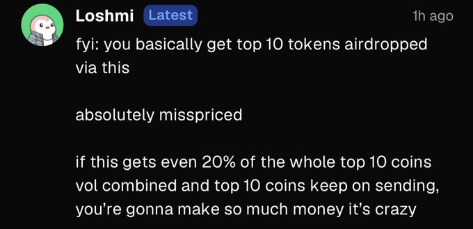 The image shows a Discord message from user "Loshmi" (posted 1h ago with a "Latest" badge) stating: "fyi: you basically get top 10 tokens airdropped via this — absolutely misspriced — if this gets even 20% of the whole top 10 coins vol combined and top 10 coins keep on sending, you're gonna make so much money it's crazy." The message relates to the accompanying post about the "Calledstonk10 index" (address AqoPZcUumKUBHrnfBsNtoNuneYEjoimaiWYq8GH8gpX9), as Loshmi appears to be commenting on this index fund, suggesting investors gain exposure to the top 10 tokens and could profit if it captures just 20% of the trading volume of the top 10 coins.