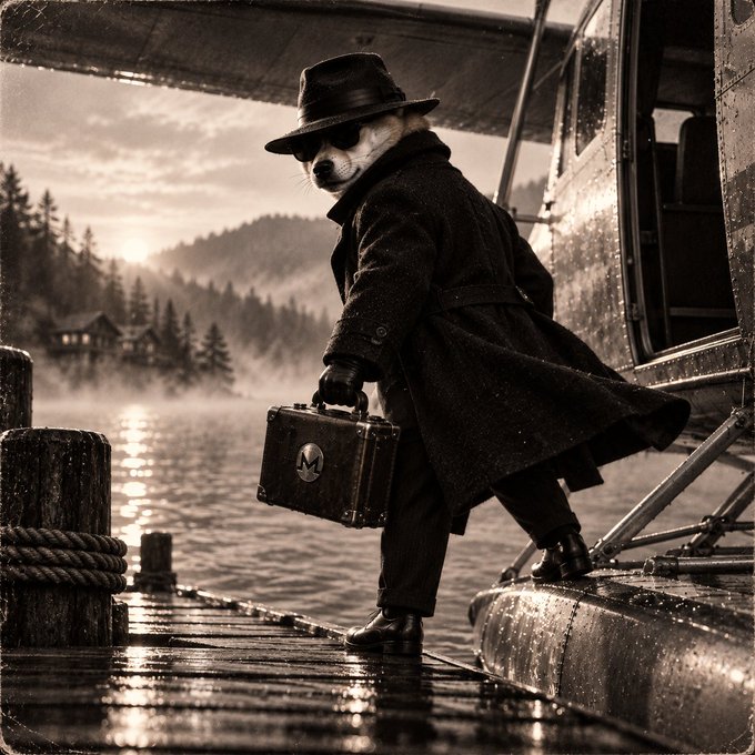 A sepia-toned, vintage-style image of a cat dressed in a long black coat, fedora, and sunglasses, holding a small suitcase marked 'M' while stepping onto a wet dock.