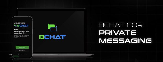 An advertisement for BChat showing a laptop and smartphone displaying the app interface, with bold text reading 'BCHAT FOR PRIVATE MESSAGING' on the right side.