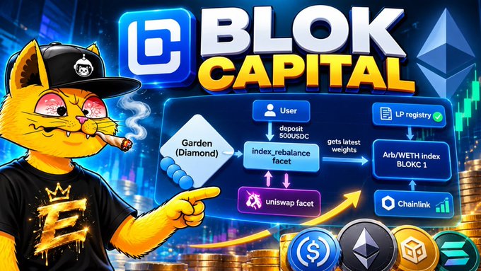 A promotional graphic for 'BLOK CAPITAL' featuring a cartoon cat character smoking a cigar alongside a flow diagram showing Garden (Diamond), index.rebalance facet, Uniswap facet, Chainlink, and Arb/WETH index BLOKC 1 with cryptocurrency logos.