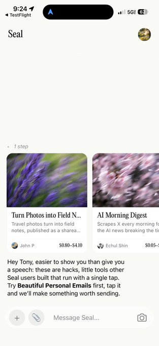 A screenshot of an iPhone showing the "Seal" AI assistant app in dark mode, displaying two field note entries ("Turn Photos into Field N..." and "AI Morning Digest") priced at $0.80-$4.10 and $0.05 respectively, demonstrating Hey Seal AI's marketplace of monetized AI tools accessible via x402.