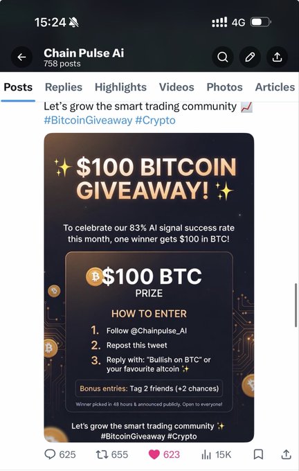 A screenshot of a X (formerly Twitter) post from "Chain Pulse Ai" announcing a $100 Bitcoin giveaway, with entry instructions to follow the account, repost the tweet, and reply with "Bullish on BTC" or a favorite altcoin, plus bonus entries for tagging two friends. The image directly supports the accompanying post by showing the giveaway that's generating massive engagement (625 comments, 655 reposts, 623 likes, 15K views), fueling the intern's consideration of launching a second giveaway.