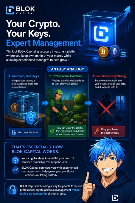 The image is a BLOK Capital infographic titled "Your Crypto. Your Keys. Expert Management," using a three-step analogy ("Your Safe, Your Keys" / "Professional Gardener" / "Boundaries Stay Strong") to explain how the platform lets users retain ownership of their crypto in a self-custodied wallet while experienced managers grow their investments—mirroring the post's dilemma between total self-management and surrendering control to a fund manager.