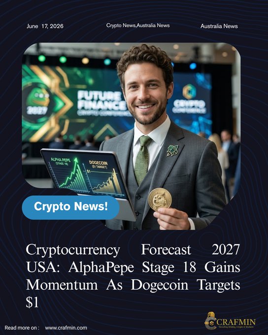 The image features a man wearing a suit holding an award for cryptocurrency foresight, specifically for AlphaPepe. The text on the poster indicates that this is a forecast of what meme coins like AlphaPepe could gain or lose momentum as Dogecoin targets in the upcoming years.