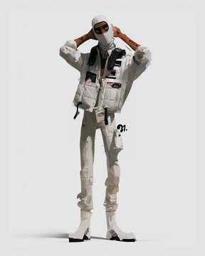 The image features a person wearing a white outfit, including pants and boots, standing against a plain background. They are holding their head up high with one hand while covering their face with the other hand. The person appears to be posing for a photo or video, as indicated by the caption "new video coming soon...".