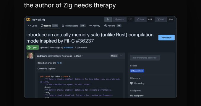 The image shows a GitHub issue for the Zig programming language titled "introduce an actually memory safe (unlike Rust) compilation mode," paired with a caption suggesting the author of Zig "needs therapy." This humorously parodies the technical comparison between Zig and Rust while playing on the user's joke about a minimal 0.001 ETH "tip."