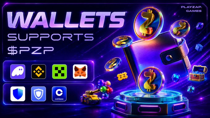 A vibrant purple promotional graphic for 'PLAYZAP.GAMES' titled 'WALLETS SUPPORTS $PZP,' displaying logos of supported wallets including Binance, Coinbase, MetaMask, Trust Wallet, and others.