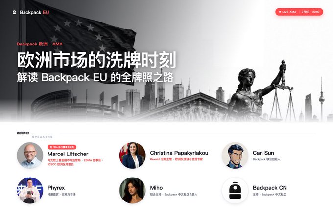 A promotional banner for "Backpack 欧洲 · AMA" featuring speakers Marcel Lötscher (OSKO CEO & ESMA Observer), Christina Papakyriakou (Riseuk CEO & EU Compliance Expert), Can Sun (Backpack Co-founder), Phyrex (Quantitative Market Maker), Miho (Backpack CN Community Lead), and Backpack CN, announcing Backpack's acquisition of top-tier EU licenses and upcoming business expansion.
