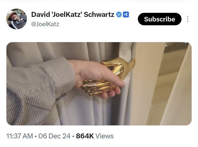 A screenshot of a tweet from David 'JoelKatz' Schwartz (@JoelKatz) showing a gold-painted sculpture of two hands clasped together, captioned with bold claims that XRP will tokenize gold, oil, and Bitcoin, leading to a $10,000 price target.