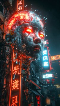 A cyberpunk-style digital art piece showing a large mechanical face with glowing red eyes amidst neon Asian signage.
