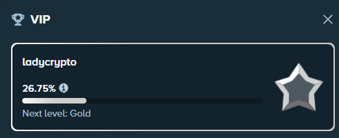 A dark-themed VIP membership progress screen showing username 'ladycrypto' at 26.75% toward the next level (Gold), with an empty star icon.