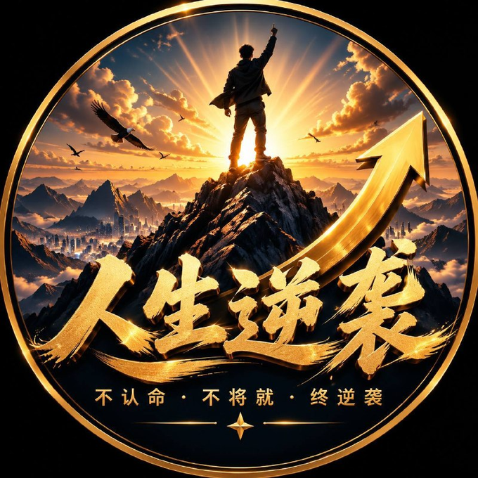 A circular gold-framed emblem shows a silhouette of a person standing triumphantly atop a mountain with arm raised against a dramatic sunset, accompanied by a soaring eagle and an upward arrow. Bold Chinese characters read "人生逆袭" (Life Reversal), with the tagline "不认命·不将就·终逆袭" (Don't accept fate, don't settle, ultimately reverse your life), promoting a contract address and Telegram channel for a project themed around overcoming adversity and changing one's destiny.